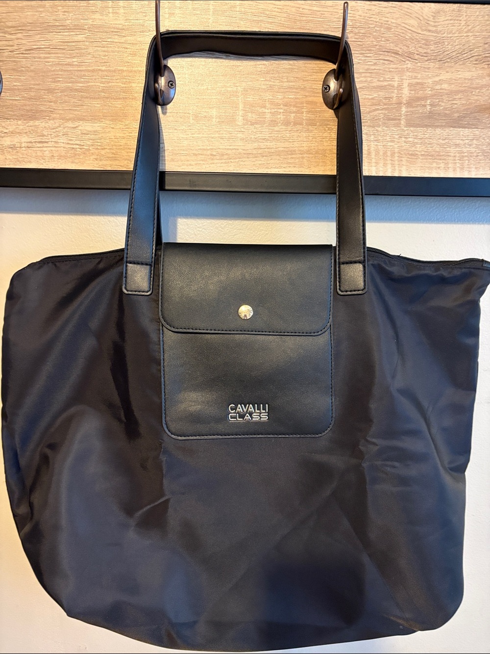 Cavalli Class Black Nylon Tote with Leather Trim